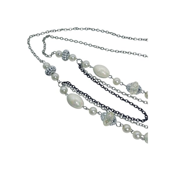 Silver Tone Bib Necklace With Clear Crystals & White Iridescent Beads (5887) - Picture 5 of 6